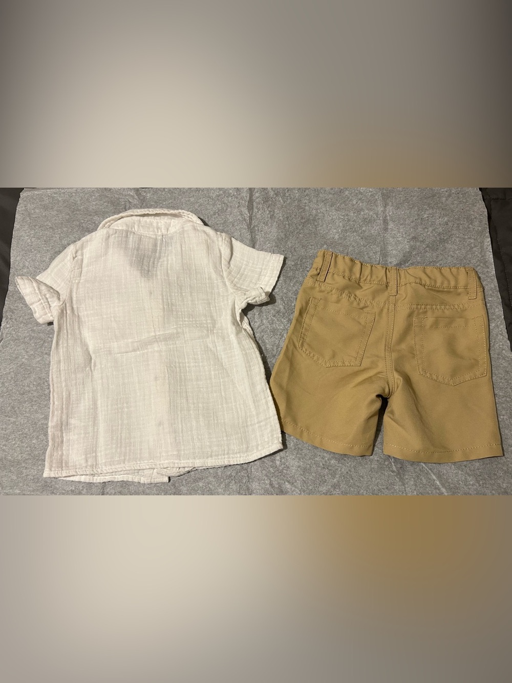 Cat & Jack White Gauze Short-Sleeve Button Shirt with Tan Shorts - Picture 2 of 2